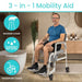 Man using a 3-in-1 mobility aid chair in a bathroom setting with icons indicating its functions.