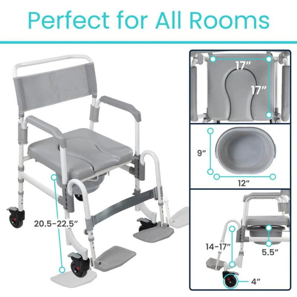 Gray and white commode chair with measurements on a white background