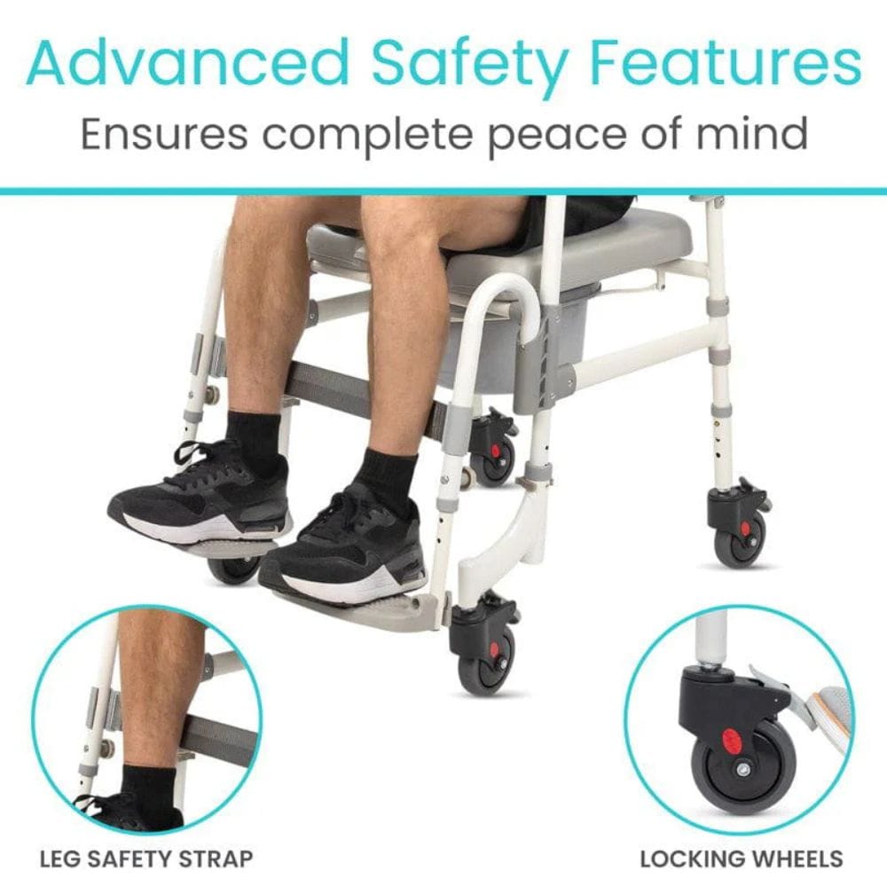 Person using a wheelchair with advanced safety features highlighted, including a leg safety strap and locking wheels.