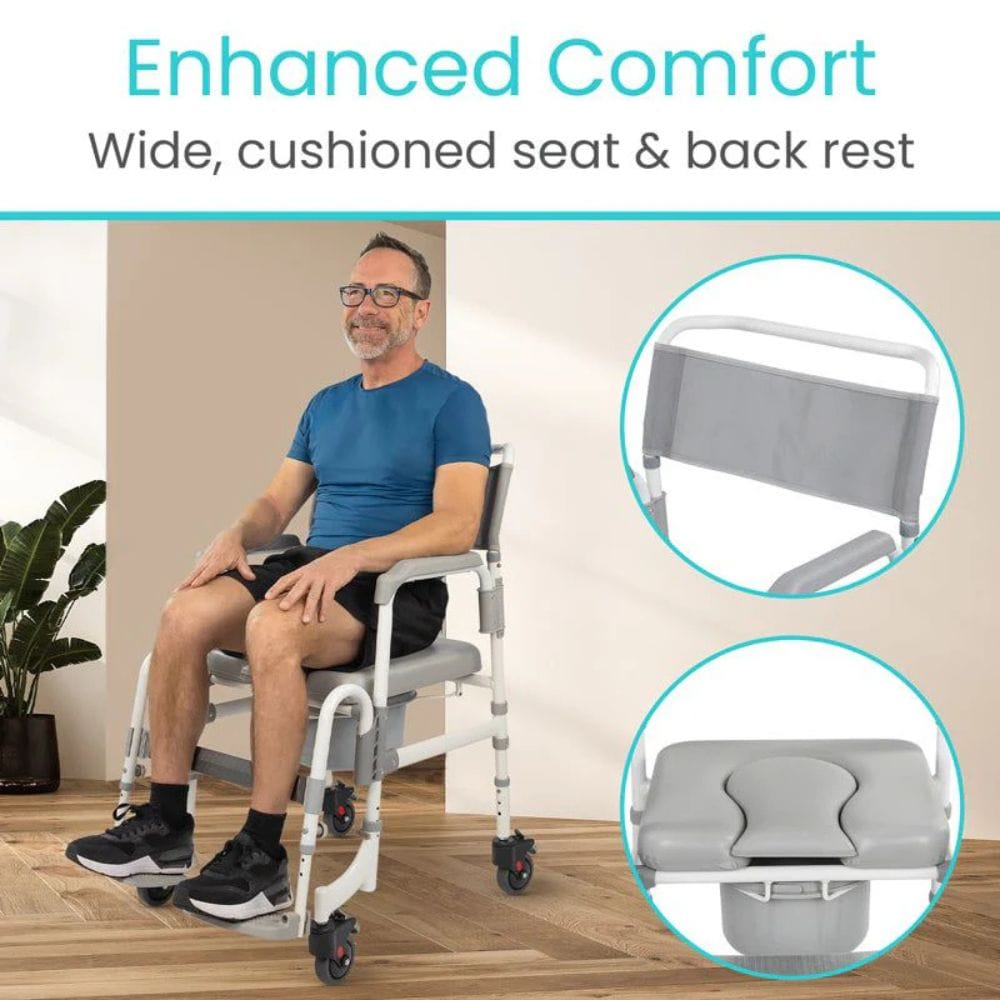 Man sitting in a shower chair with cushioned seat and back rest, emphasizing comfort.
