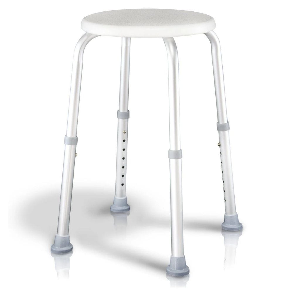 Adjustable height stool with white seat and gray legs on a white background