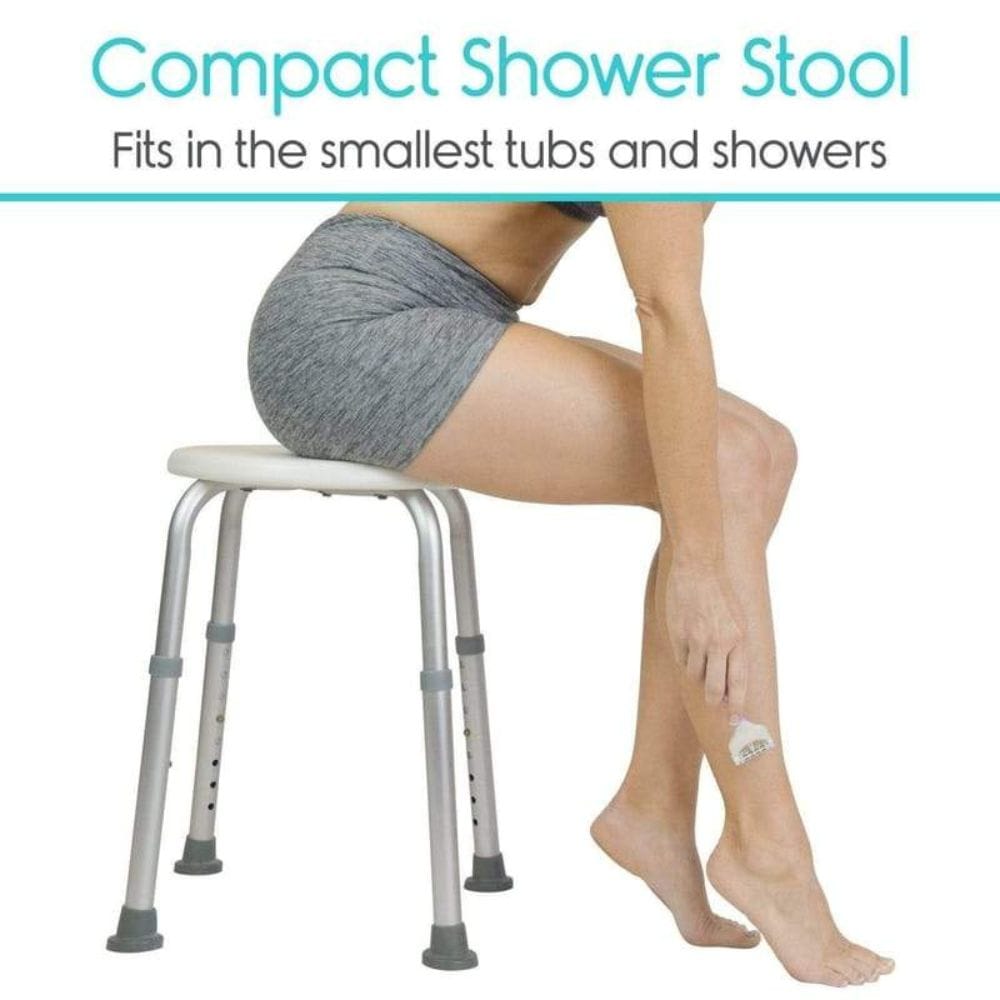 Compact shower stool with a person sitting on it, text indicating it fits in small spaces.