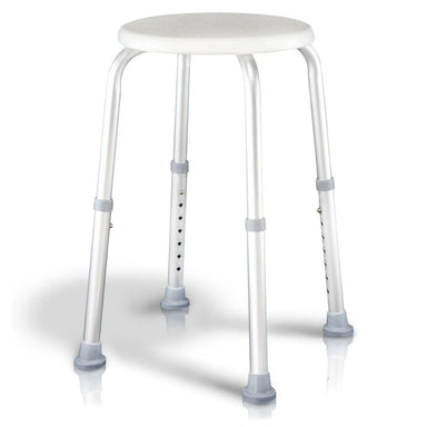 Adjustable height stool with white seat and gray legs on a white background