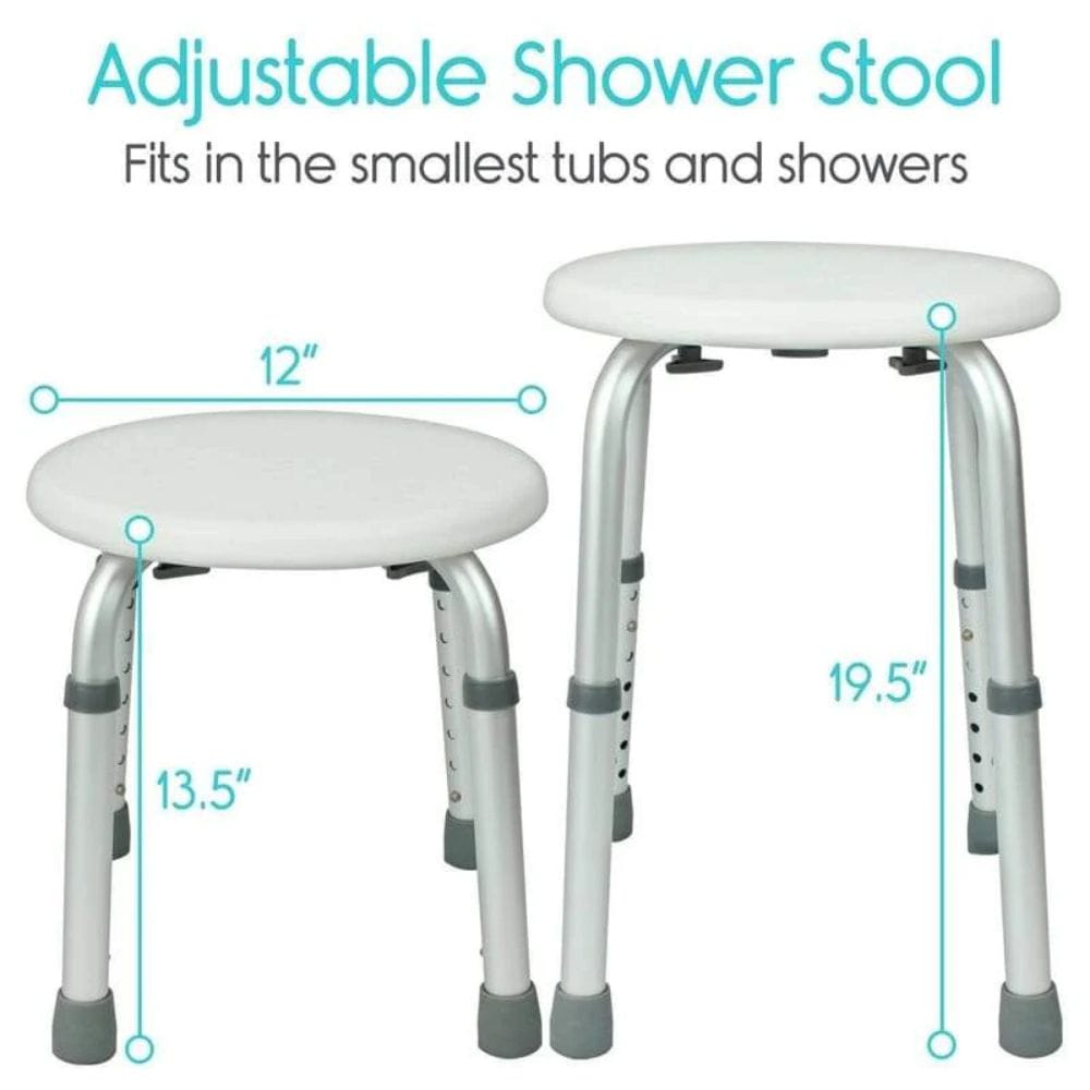 Adjustable shower stool with dimensions on a white background