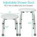 Adjustable shower stool with dimensions on a white background