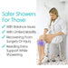 Woman using a shower stool with text about safer showers for specific needs.