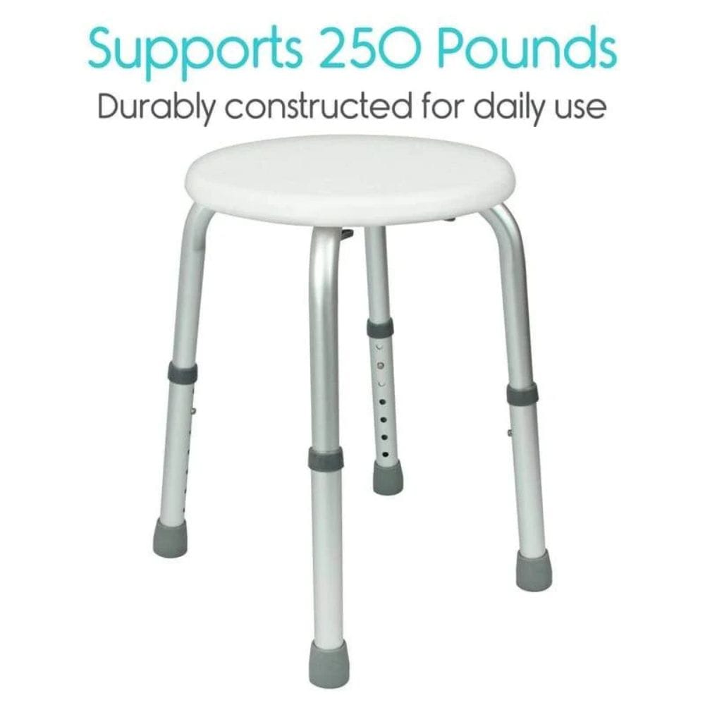 White stool with adjustable legs on a white background, text indicating weight capacity and durability.