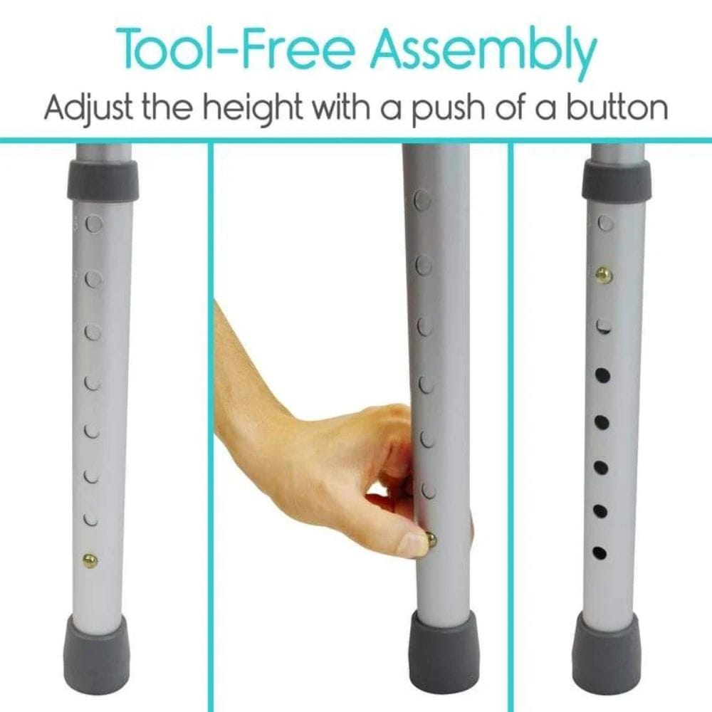 Adjustable height leg with tool-free assembly feature and hand pushing button.