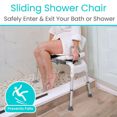 Sliding shower chair being used by a person in a bathroom setting with text indicating safety benefits.