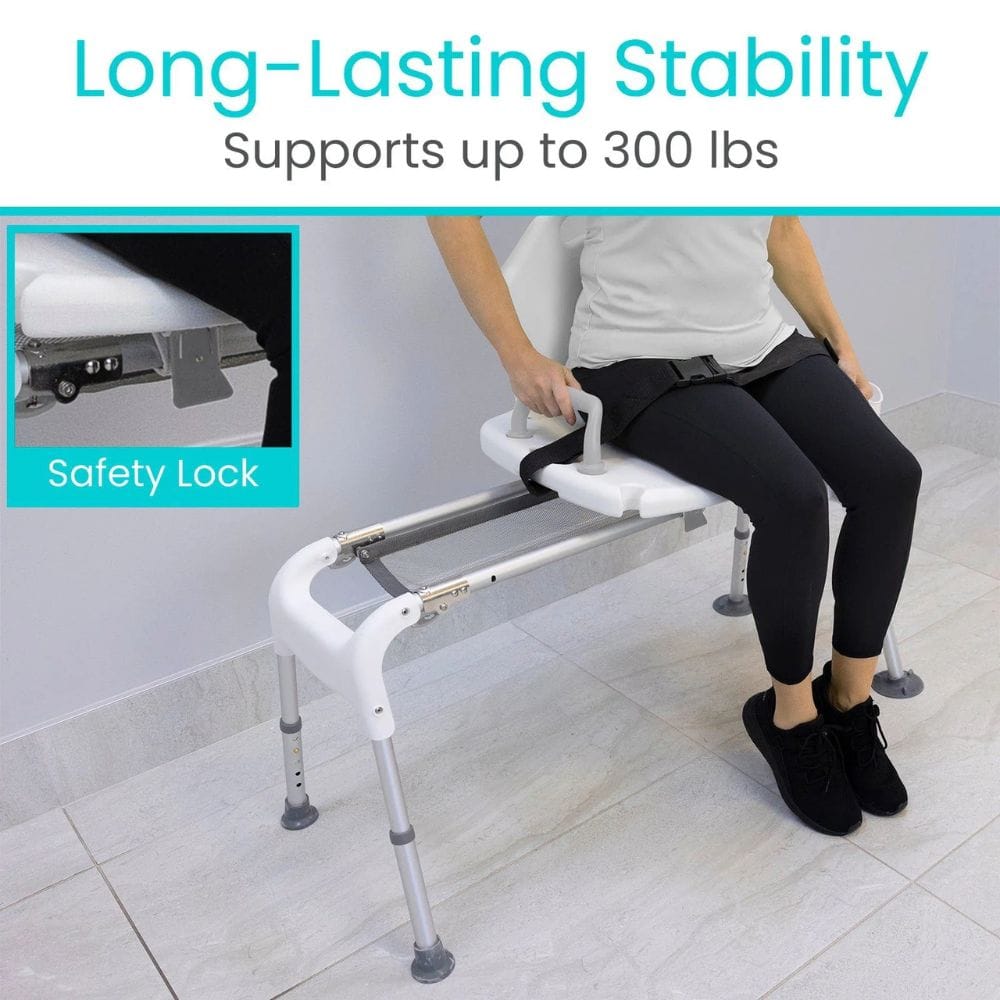 Person using a bathroom safety seat with text highlighting stability and weight support.