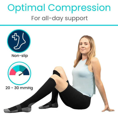 Woman wearing compression socks with text about optimal compression for all-day support.