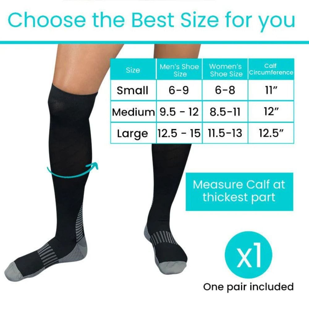 Black knee-high socks with size chart for men's and women's shoe sizes on a white background