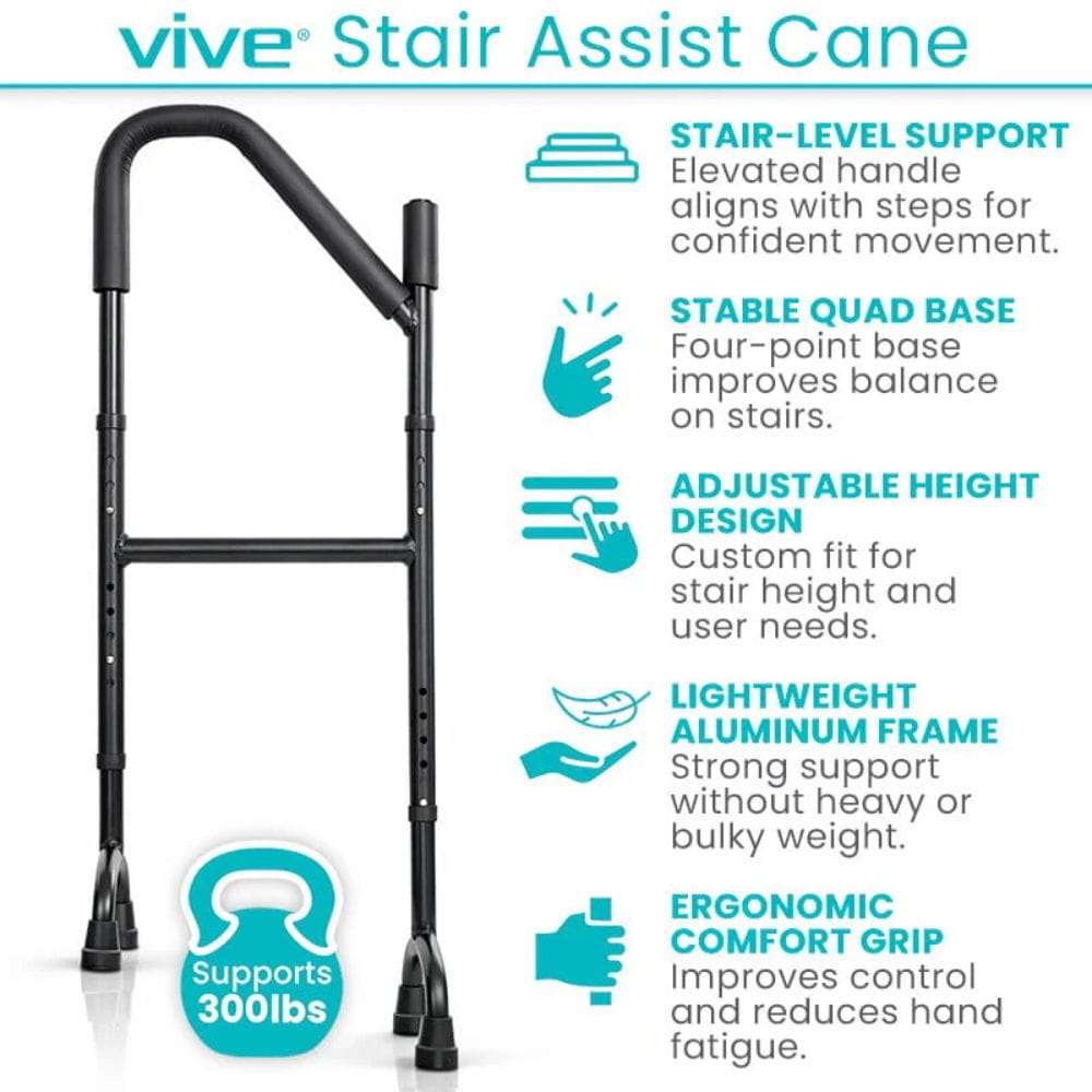 Vive stair assist cane with features listed on a white background
