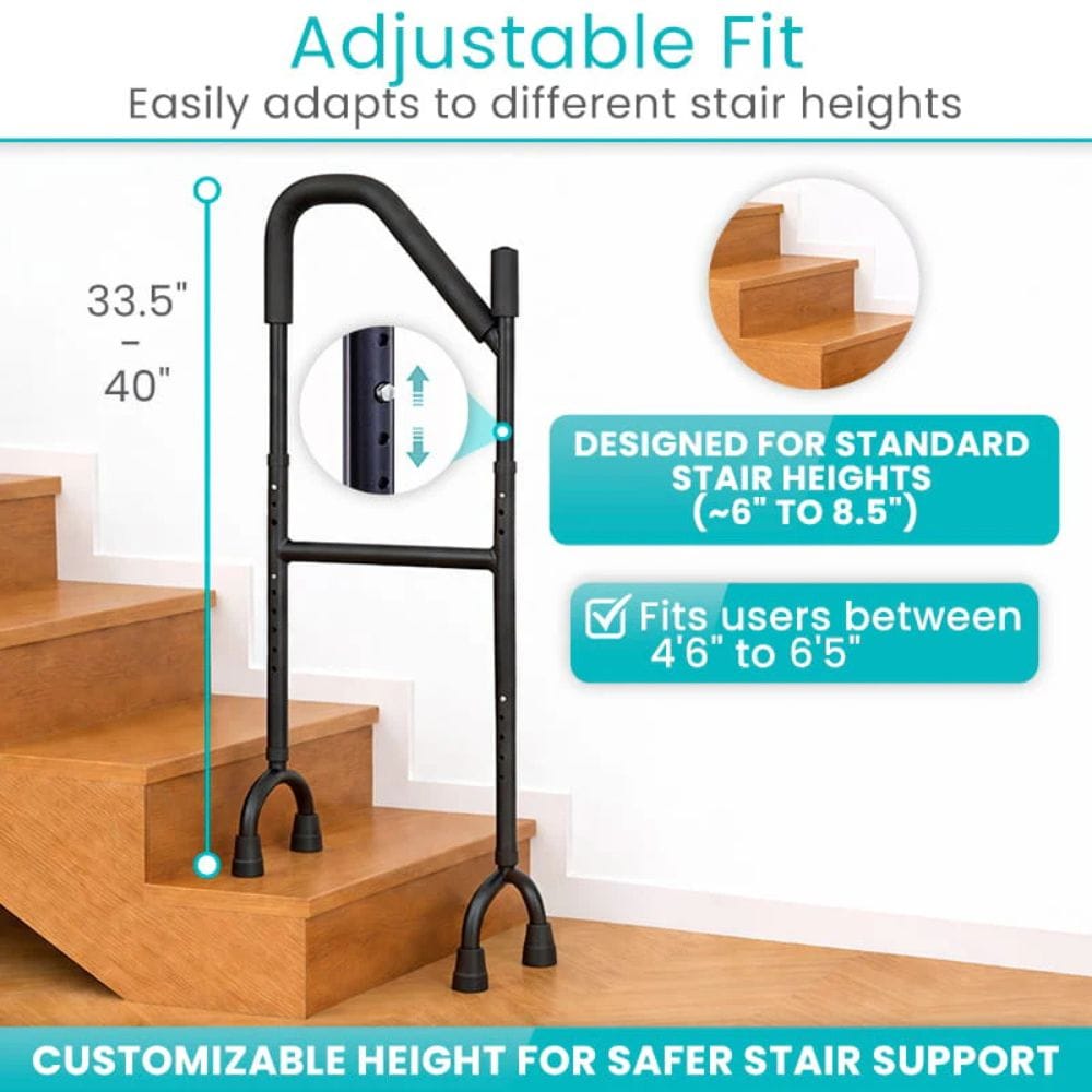 Adjustable stair rail with height measurement details on a wooden staircase.
