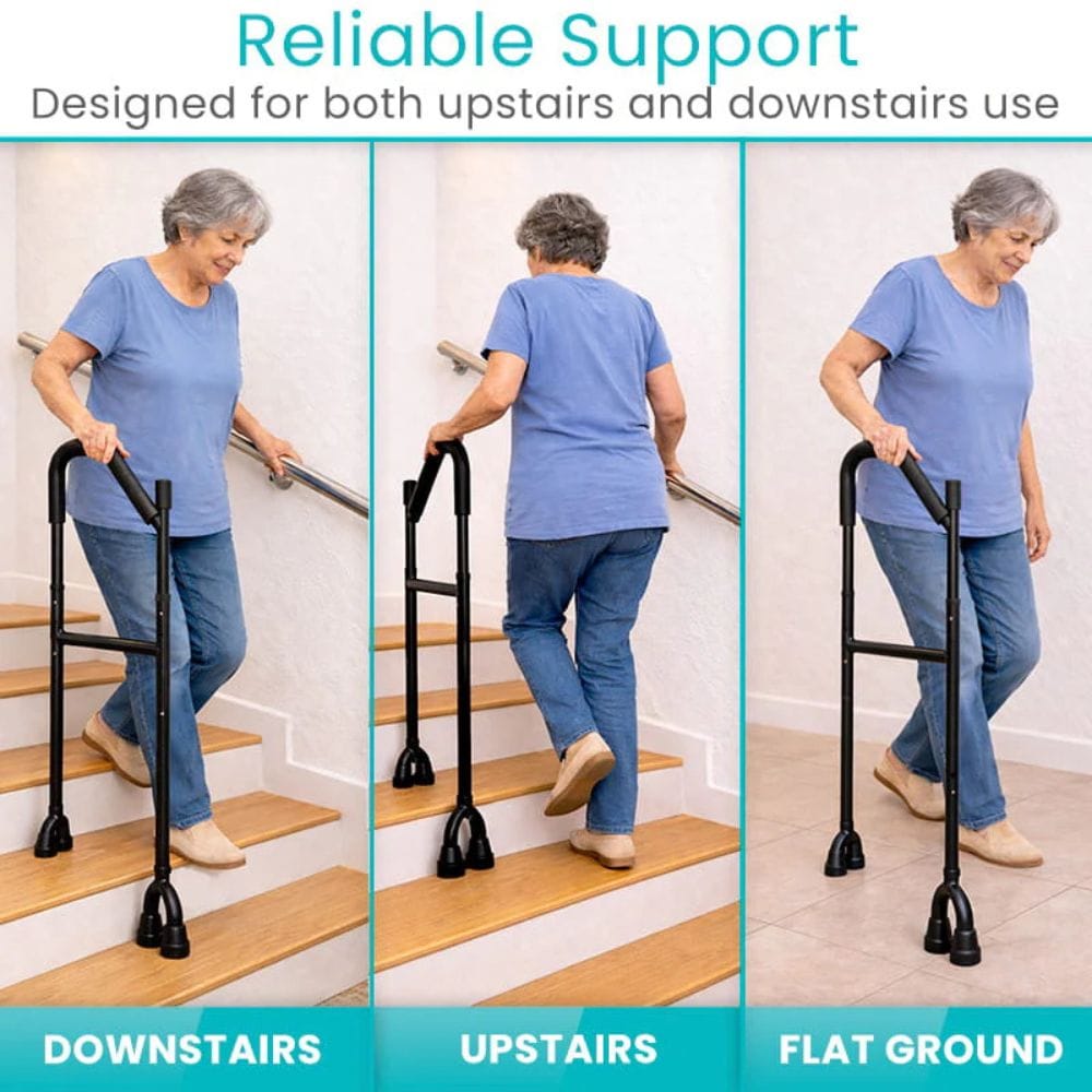 Woman using a walker for reliable support on stairs, flat ground, and various surfaces.