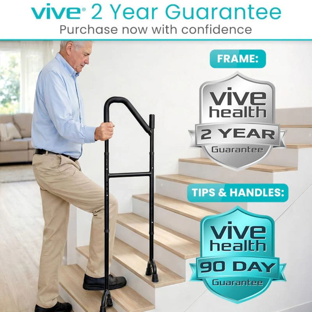 Man using a stair handrail with Vive Health branding and guarantees displayed.