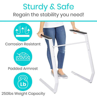 Person using a stable aid with text highlighting features like corrosion resistance, padded armrest, and weight capacity.