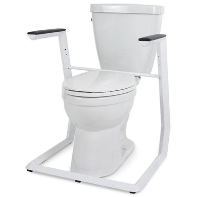 White toilet with a support frame on a white background