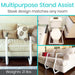 Multipurpose stand assist product used under a sofa and near a toilet with text highlighting its versatility.
