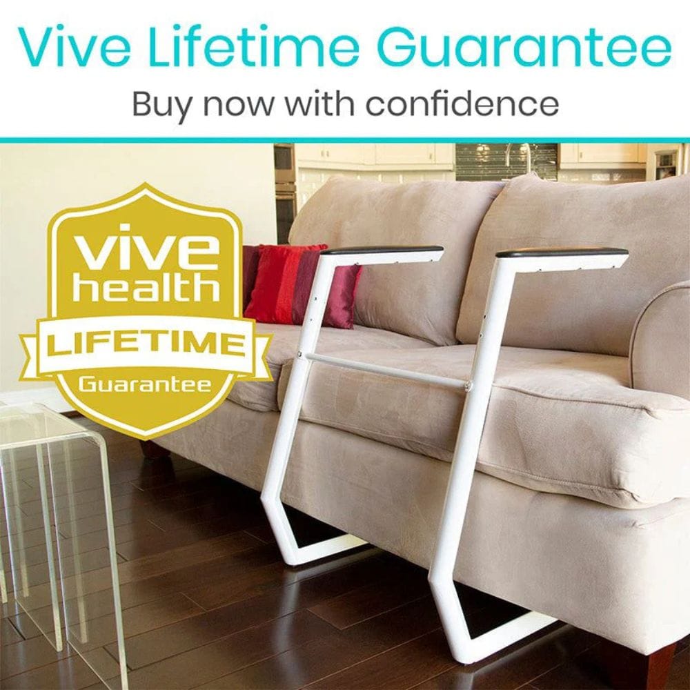 Beige sofa with a white metal frame in a living room setting, featuring Vive Health Lifetime Guarantee badge.