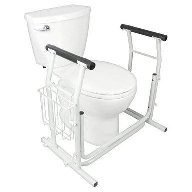 White toilet with a support frame on a white background