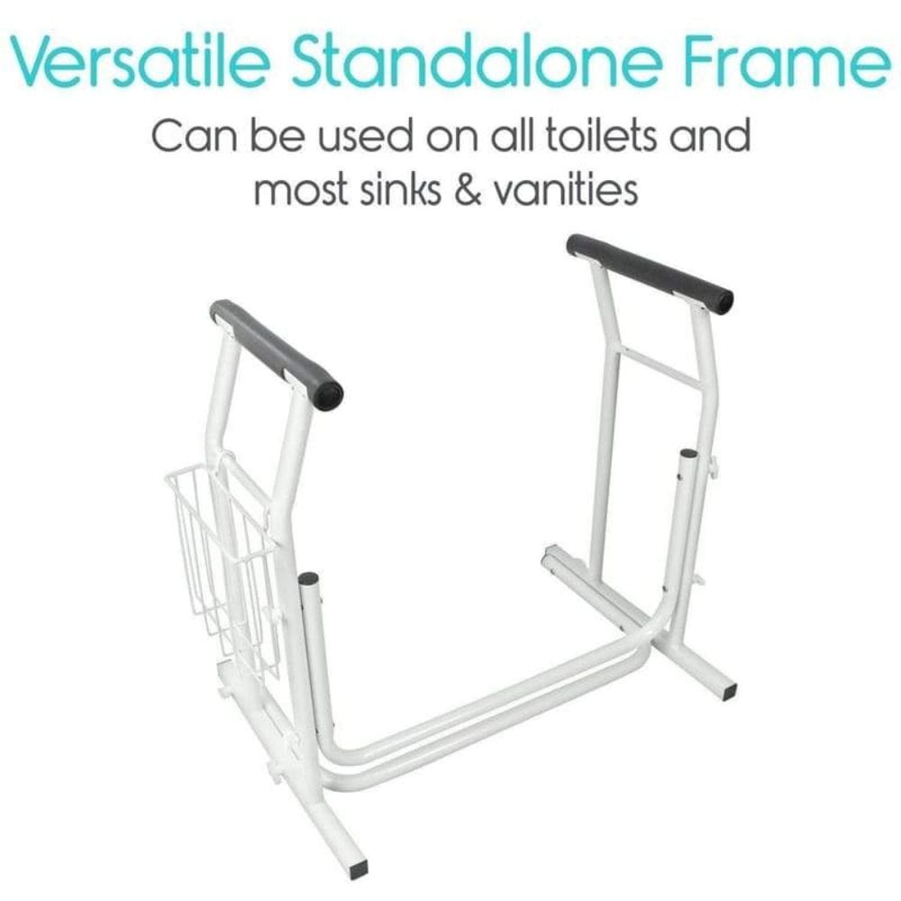 White stand-alone frame with black handles on a white background, text indicating versatility.