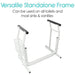 White stand-alone frame with black handles on a white background, text indicating versatility.