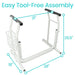 White exercise bike frame with measurements and 'Easy Tool-Free Assembly' text on a white background
