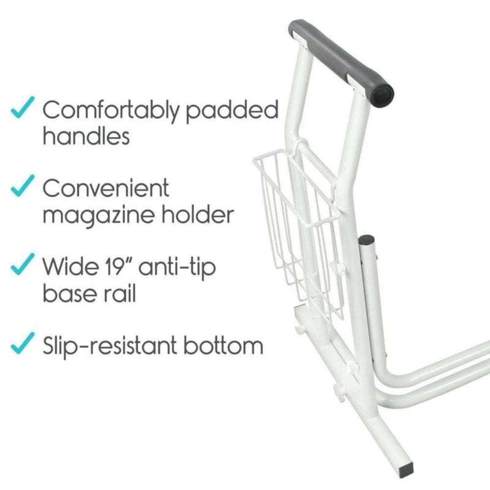 White step stool with features listed on a white background