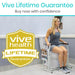 Woman using a Vive Health product with a lifetime guarantee badge on a light blue background