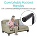 Woman using a sofa with soft covered handles on a beige sofa, text 'Comfortable Padded Handles' and 'Soft covered handles provide secure grip'.