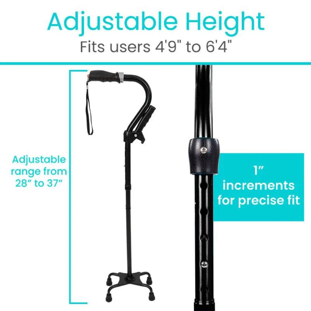 Adjustable height walking cane with specifications on a white background
