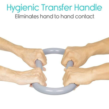 Hygienic transfer handle being used by two pairs of hands with text indicating it eliminates hand-to-hand contact.