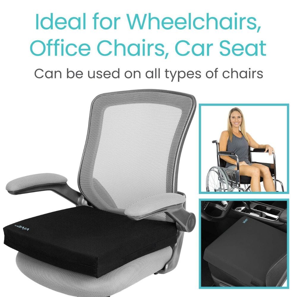 Chair cushion with text indicating its suitability for wheelchairs, office chairs, and car seats.