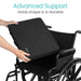 Black wheelchair cushion being held above a wheelchair with text 'Advanced Support Holds shape & is durable'.