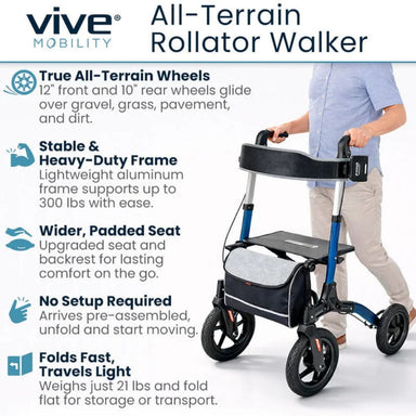 Rollator walker with wheels and handlebars on a white background