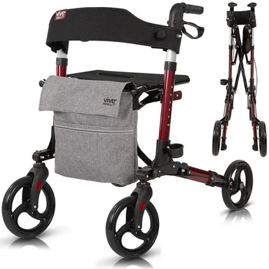 Rollator with a gray bag and black wheels on a white background