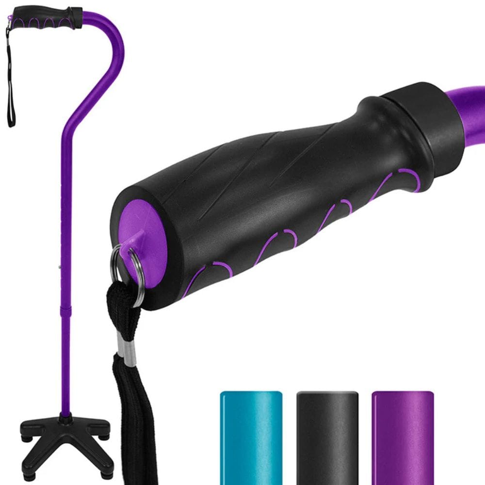 Black and purple cane with adjustable base on a white background
