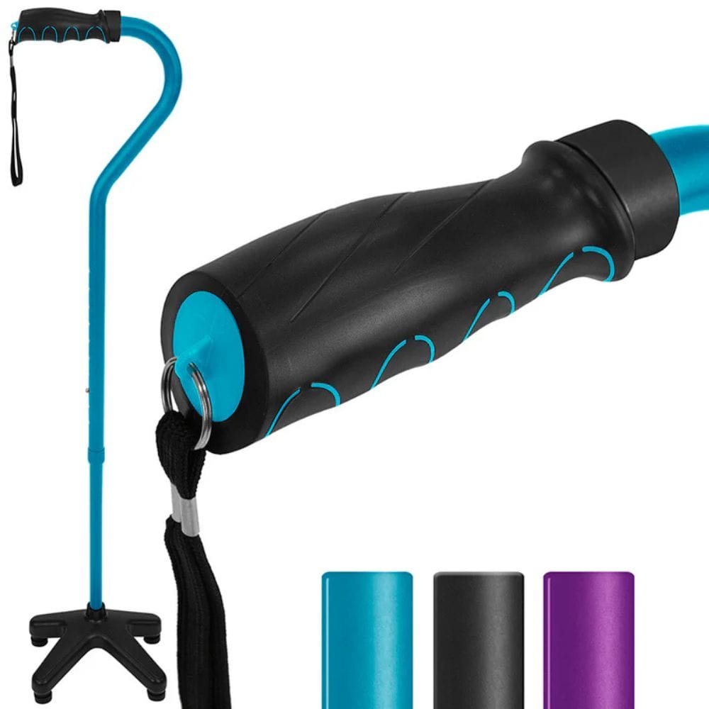 Black and blue cane with additional components on a white background