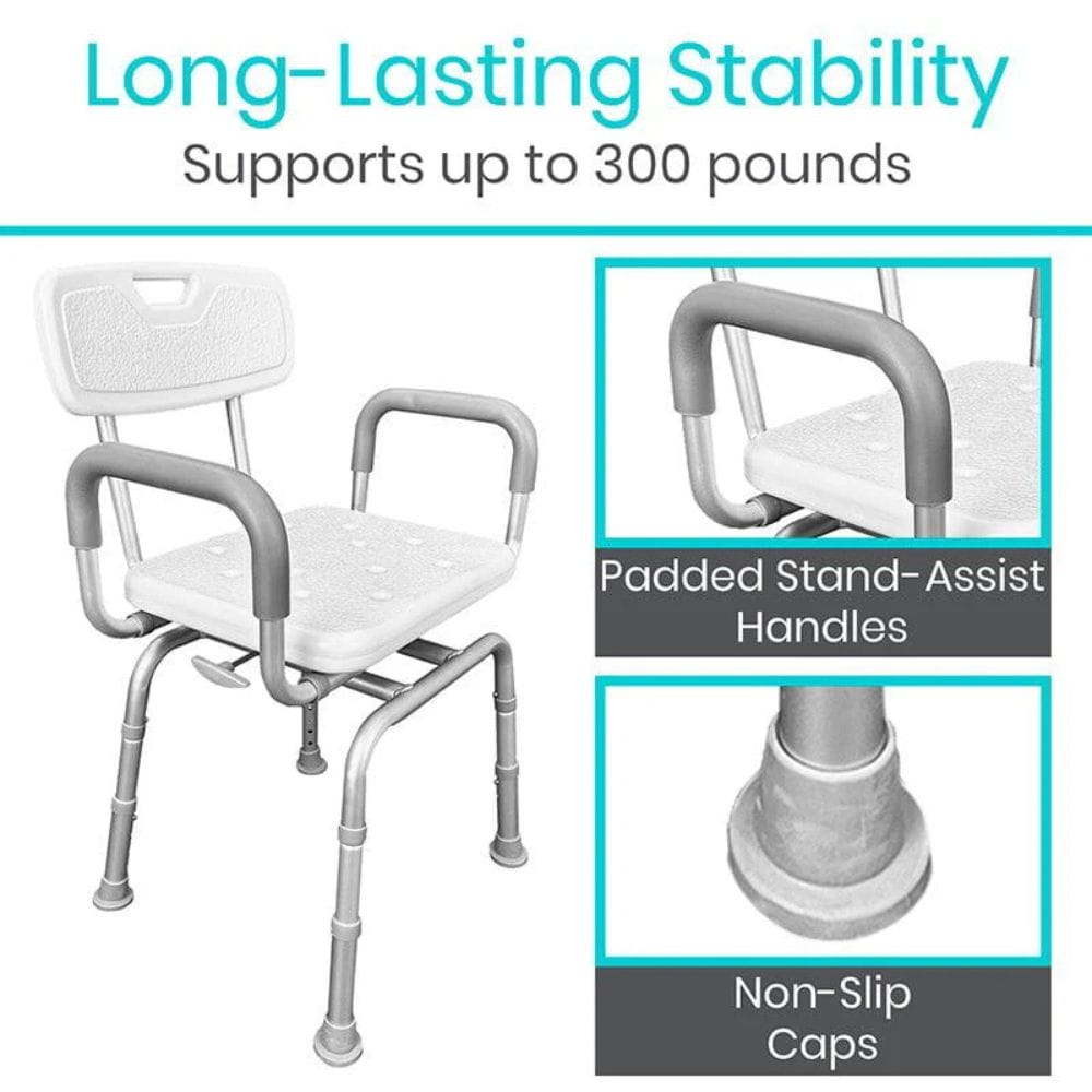 White shower chair with gray arms and legs, featuring text about stability and support capacity.