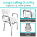 White shower chair with gray arms and legs, featuring text about stability and support capacity.