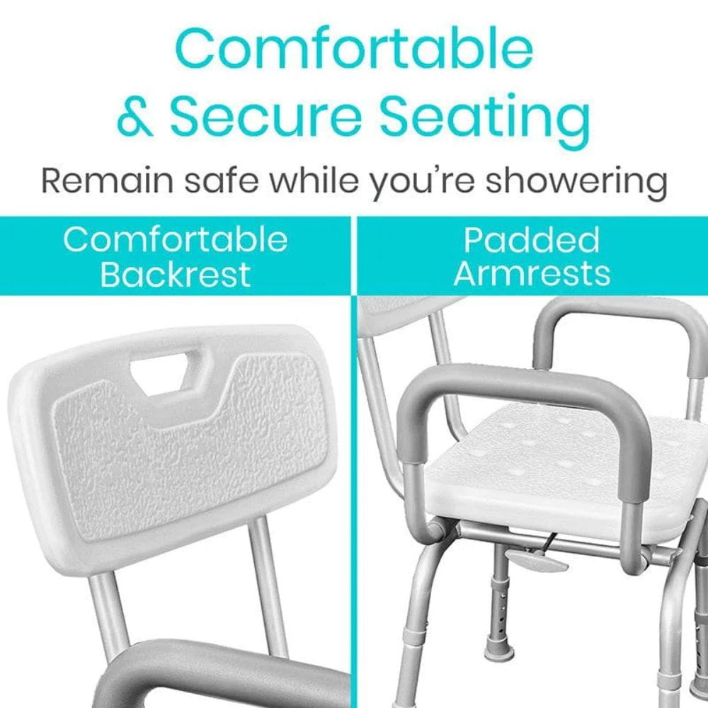 Shower chair with comfortable backrest and padded armrests, labeled as 'Comfortable & Secure Seating'.