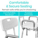 Shower chair with comfortable backrest and padded armrests, labeled as 'Comfortable & Secure Seating'.