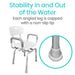 White shower chair with gray legs and arms, shown with a close-up of an angled leg cap on a white background.