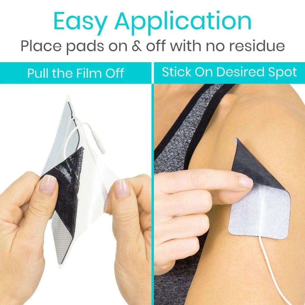 Product demonstration of applying adhesive patches with text on easy application.