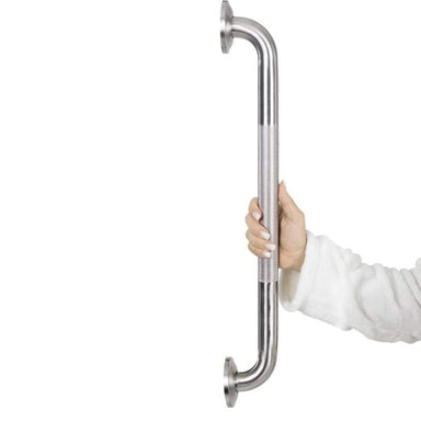 Hand holding a stainless steel grab bar against a white background