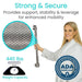 Woman holding a support bar with text about strength, security, and ADA compliance.