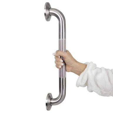 Hand holding a stainless steel grab bar on a white background