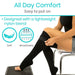 Person wearing black compression stockings with text about comfort and material on a white background
