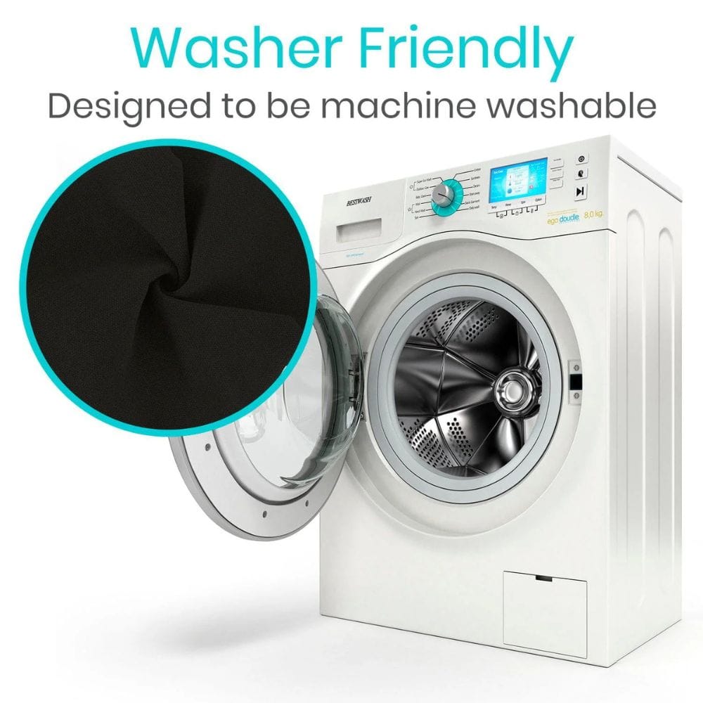 White washing machine with open door, black fabric close-up, and text 'Washer Friendly' on a white background.